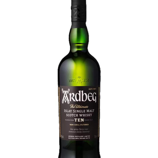 Ardbeg 10 Year Old Islay Single Malt Scotch Whisky bottle – peaty and smoky non-chill-filtered whisky from Scotland
