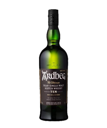 Ardbeg 10 Year Old Islay Single Malt Scotch Whisky bottle – peaty and smoky non-chill-filtered whisky from Scotland