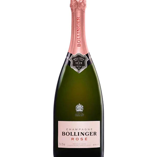 Bollinger Rosé NV Champagne bottle with pink foil - elegant non-vintage French rosé Champagne.