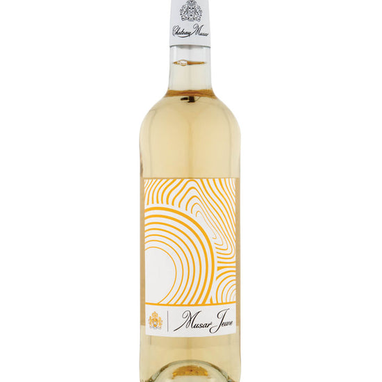 Chateau Musar Jeune White 2021 Lebanese white wine bottle with white and gold modern label design
