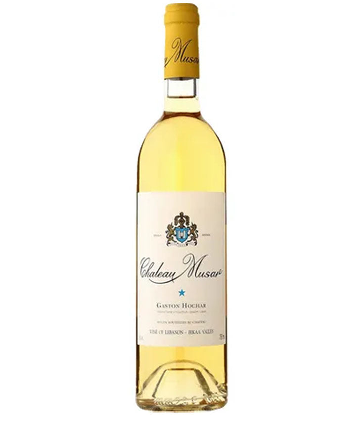 Bottle of Chateau Musar White 2018 wine with yellow foil capsule and cream label featuring the winery crest and the name Gaston Hochar.