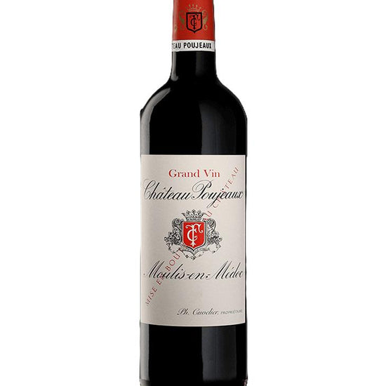 Château Poujeaux 2019 Moulis-en-Médoc red wine bottle with elegant red and white label