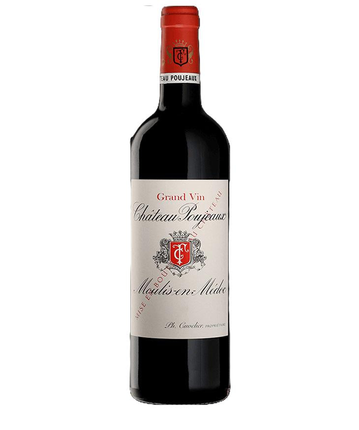 Château Poujeaux 2019 Moulis-en-Médoc red wine bottle with elegant red and white label