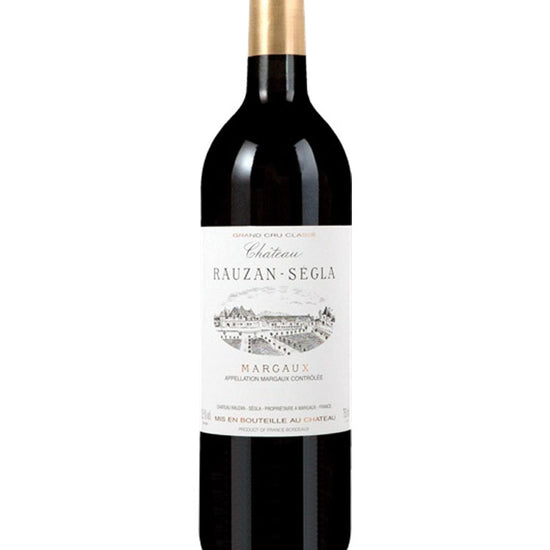 Bottle of Château Rauzan-Ségla 2014 Margaux red wine – French Grand Cru Classé Bordeaux with elegant white label and gold foil capsule