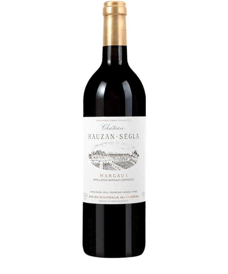 Bottle of Château Rauzan-Ségla 2014 Margaux red wine – French Grand Cru Classé Bordeaux with elegant white label and gold foil capsule