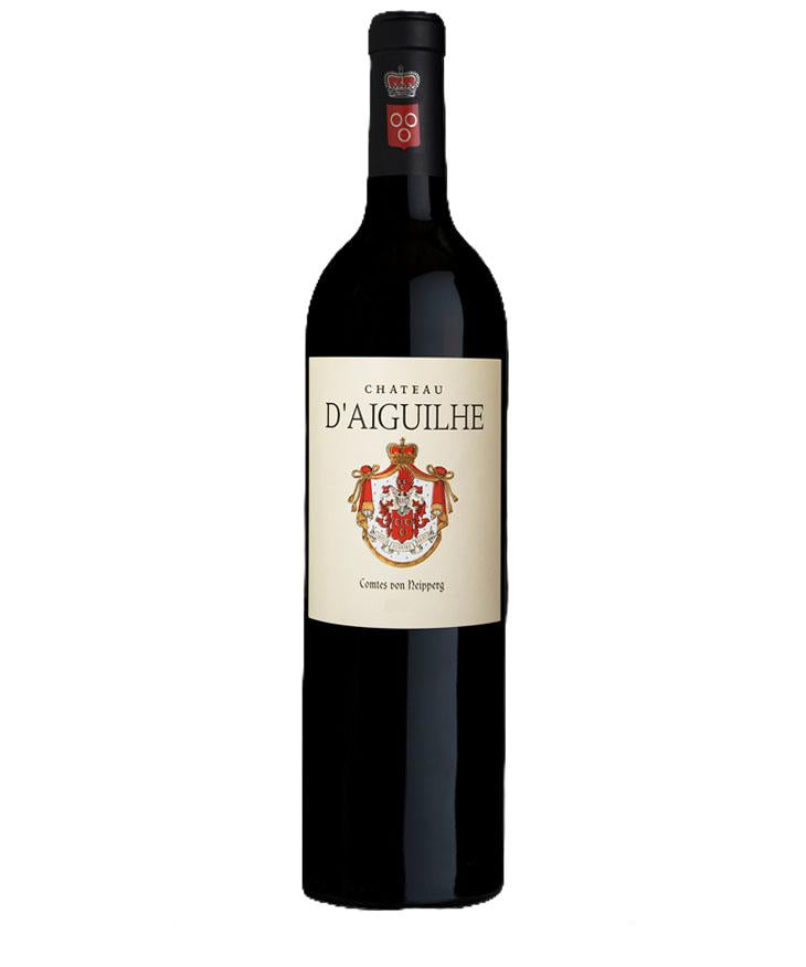 Bottle of Château d'Aiguilhe 2012 red wine from Castillon Côtes de Bordeaux with detailed label and crest