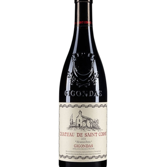 Bottle of Château de Saint Cosme Gigondas "Hominis Fides" 2021 vintage red wine from Rhône Valley, France