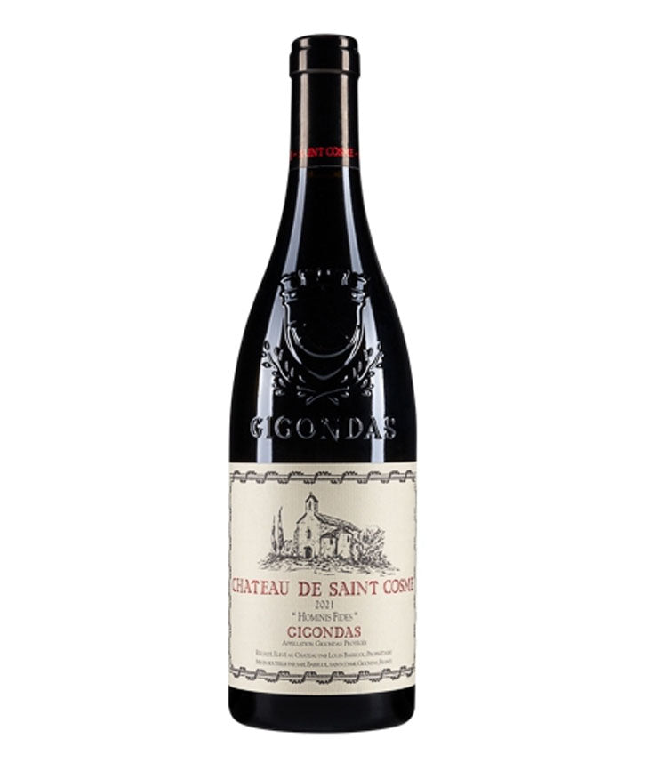 Bottle of Château de Saint Cosme Gigondas "Hominis Fides" 2021 vintage red wine from Rhône Valley, France