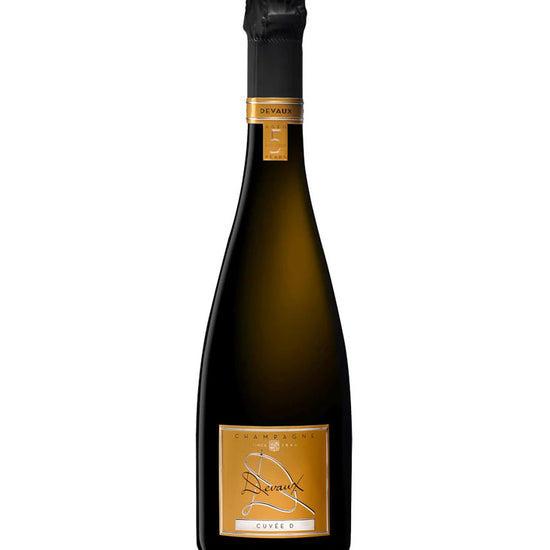 Devaux Cuvée D 5 NV Champagne bottle with gold label and black foil wrap