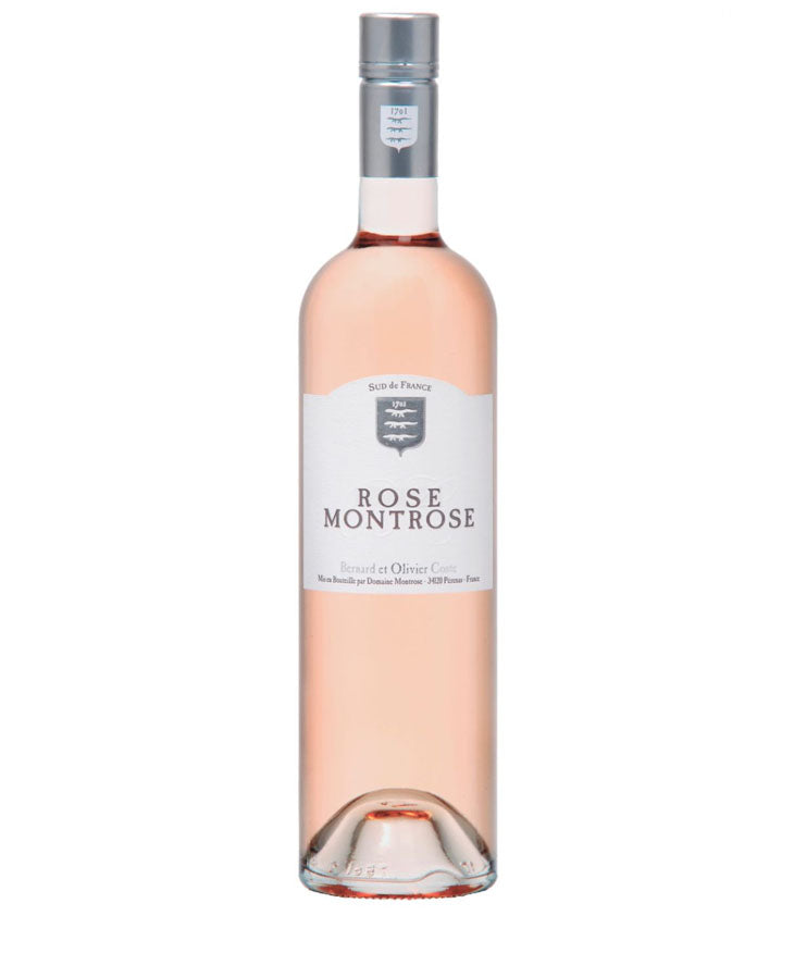 Rose Montrose 2024 bottle of rosé wine from Domaine Montrose, Sud de France with elegant pink hue and silver cap