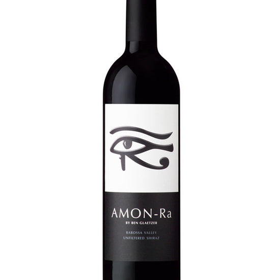 Glaetzer Amon-Ra Shiraz 2021 wine bottle featuring Eye of Horus label design, Barossa Valley unfiltered red wine by Ben Glaetzer