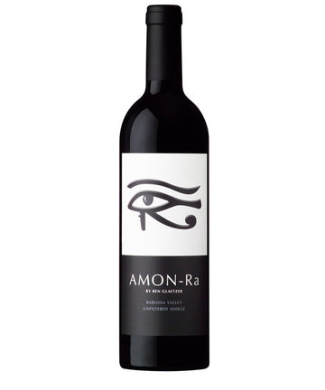 Glaetzer Amon-Ra Shiraz 2021 wine bottle featuring Eye of Horus label design, Barossa Valley unfiltered red wine by Ben Glaetzer