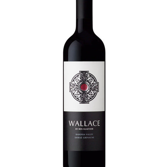 Glaetzer Wallace Shiraz Grenache 2020 wine bottle with Celtic cross label design, Barossa Valley blend by Ben Glaetzer
