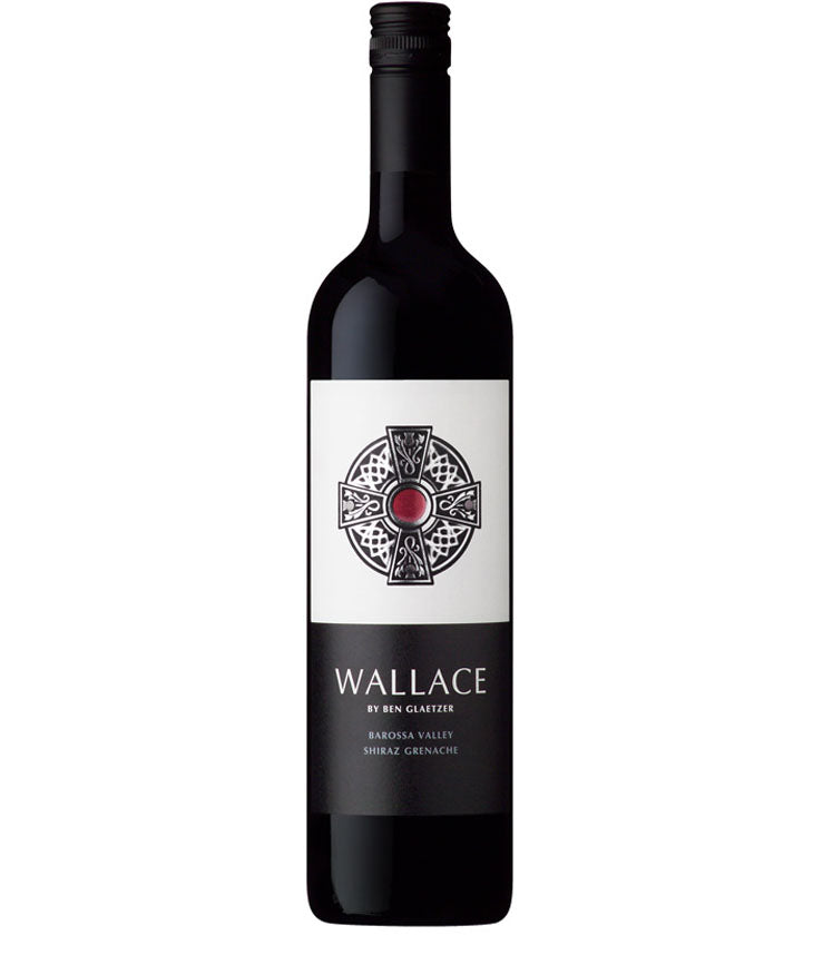 Glaetzer Wallace Shiraz Grenache 2020 wine bottle with Celtic cross label design, Barossa Valley blend by Ben Glaetzer