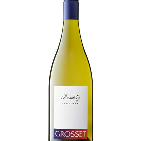 Bottle of Grosset Piccadilly Chardonnay white wine with a blue screw cap, minimalist white label, and red and purple "GROSSET" branding at the bottom.