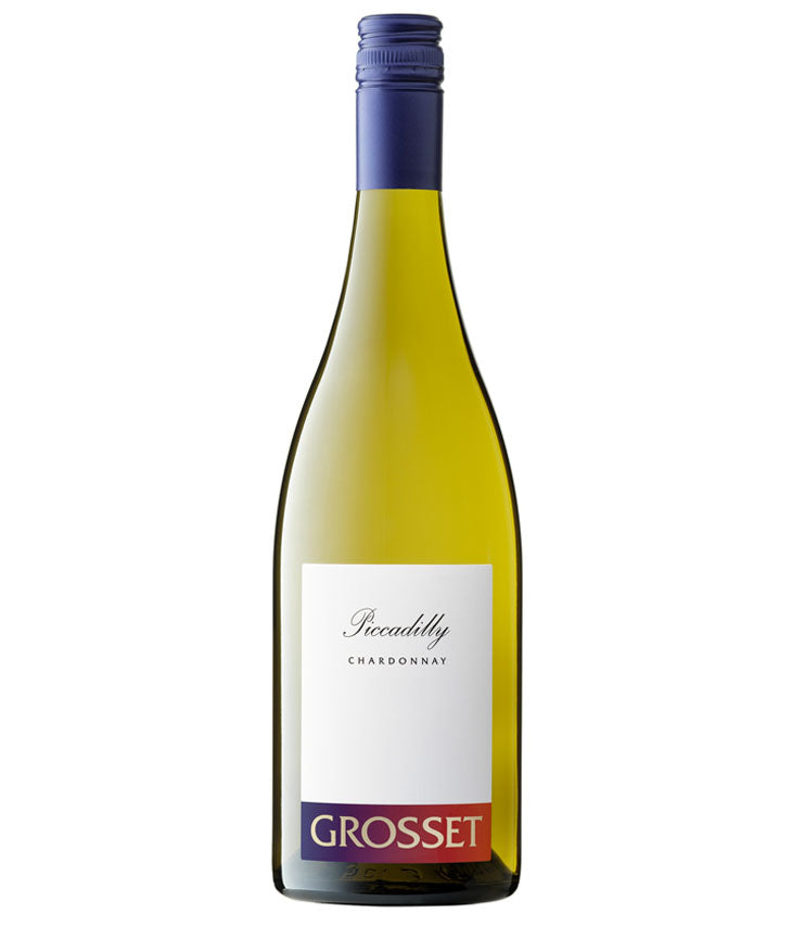 Bottle of Grosset Piccadilly Chardonnay white wine with a blue screw cap, minimalist white label, and red and purple "GROSSET" branding at the bottom.