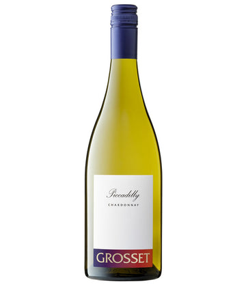 Bottle of Grosset Piccadilly Chardonnay white wine with a blue screw cap, minimalist white label, and red and purple "GROSSET" branding at the bottom.