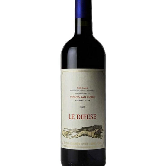 Le Difese 2019 Toscana red wine bottle from Tenuta San Guido, featuring horse and dog label design