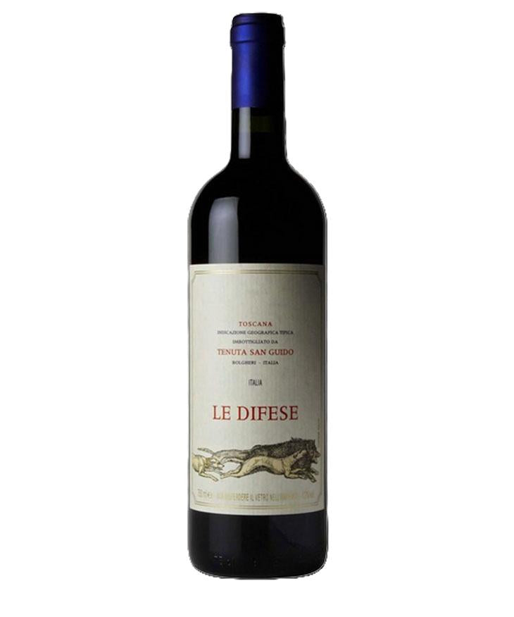 Le Difese 2019 Toscana red wine bottle from Tenuta San Guido, featuring horse and dog label design
