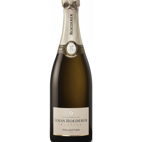 Louis Roederer Collection 244 Champagne bottle with white foil and minimalist label design