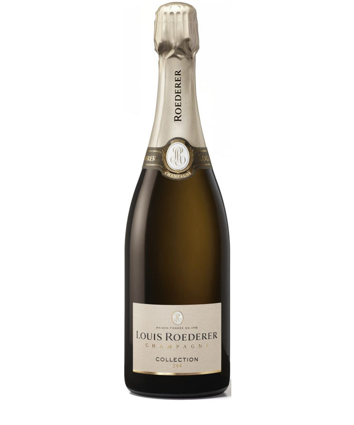 Louis Roederer Collection 244 Champagne bottle with white foil and minimalist label design