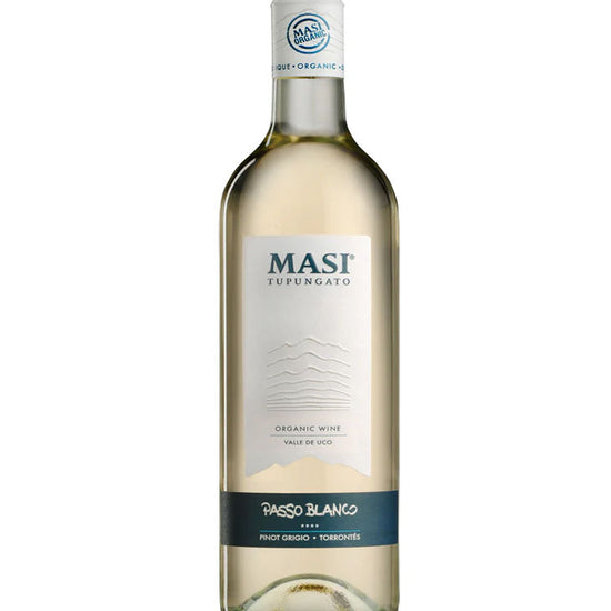 Masi Tupungato Passo Blanco 2024 organic white wine bottle with Pinot Grigio and Torrontés grapes from Valle de Uco Argentina