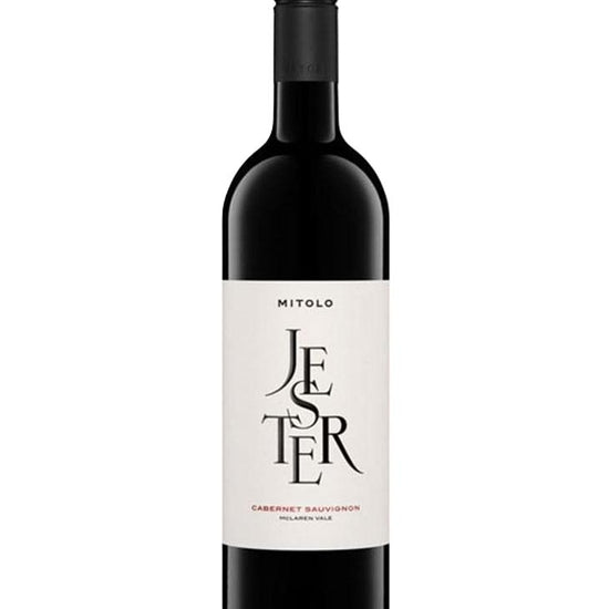 Mitolo Jester Cabernet Sauvignon 2020 wine bottle from McLaren Vale with black screw cap and minimalist white label