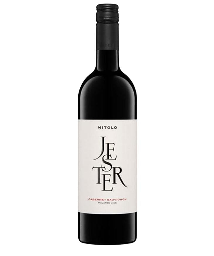 Mitolo Jester Cabernet Sauvignon 2020 wine bottle from McLaren Vale with black screw cap and minimalist white label