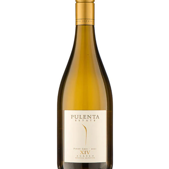 Pulenta Estate Pinot Gris XIV 2021 white wine bottle with gold cap from Agrelo, Mendoza, Argentina