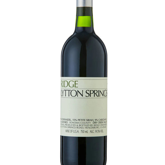 Ridge Lytton Springs 2021 vintage red blend bottle with Zinfandel, Petite Sirah, and Carignane