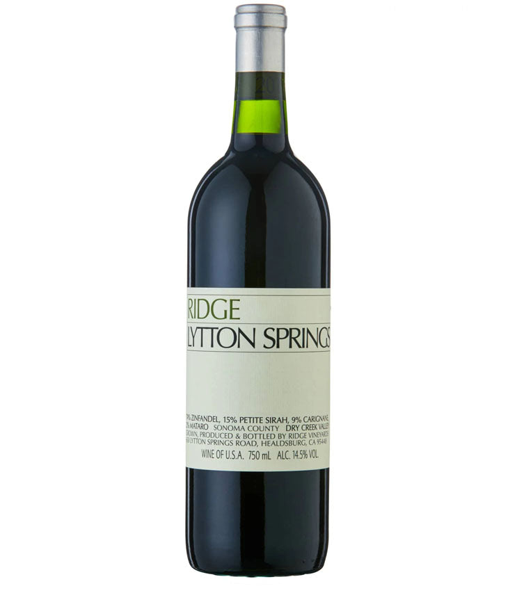 Ridge Lytton Springs 2021 vintage red blend bottle with Zinfandel, Petite Sirah, and Carignane
