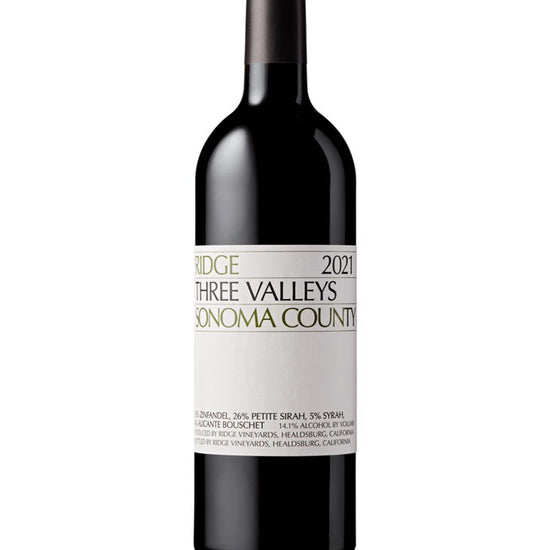 Ridge Three Valleys 2021 Sonoma County red wine bottle featuring Zinfandel, Petite Sirah, Syrah, and Alicante Bouschet