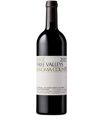 Ridge Three Valleys 2021 Sonoma County red wine bottle featuring Zinfandel, Petite Sirah, Syrah, and Alicante Bouschet