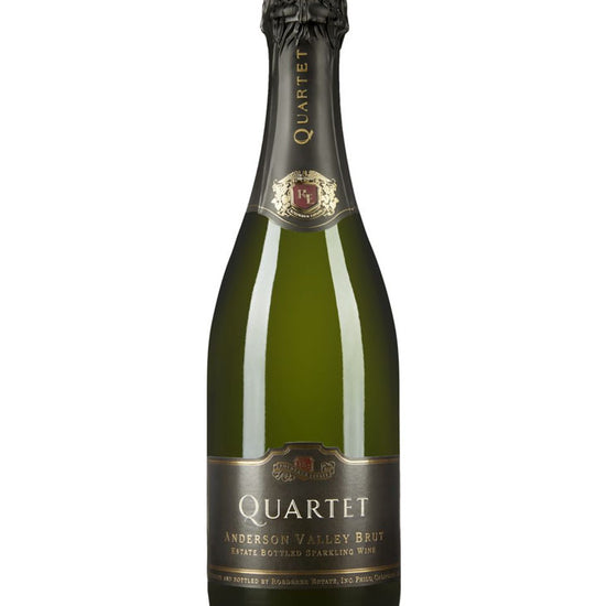 Bottle of Roederer Estate Quartet Anderson Valley Brut NV sparkling wine – premium California sparkling wine with elegant black and gold label.