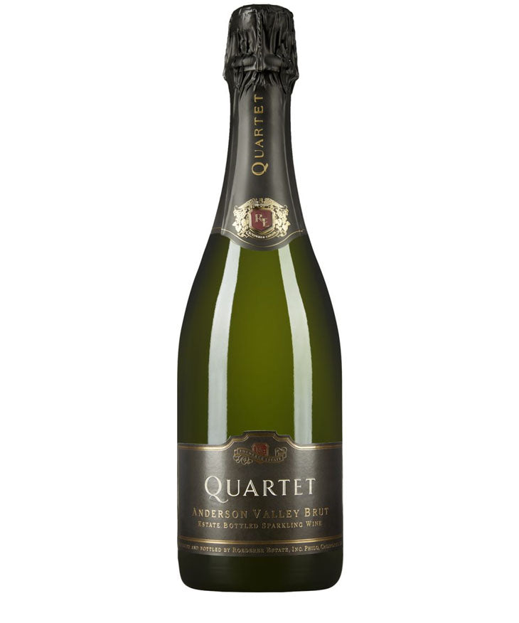 Bottle of Roederer Estate Quartet Anderson Valley Brut NV sparkling wine – premium California sparkling wine with elegant black and gold label.