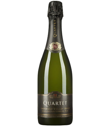 Bottle of Roederer Estate Quartet Anderson Valley Brut NV sparkling wine – premium California sparkling wine with elegant black and gold label.