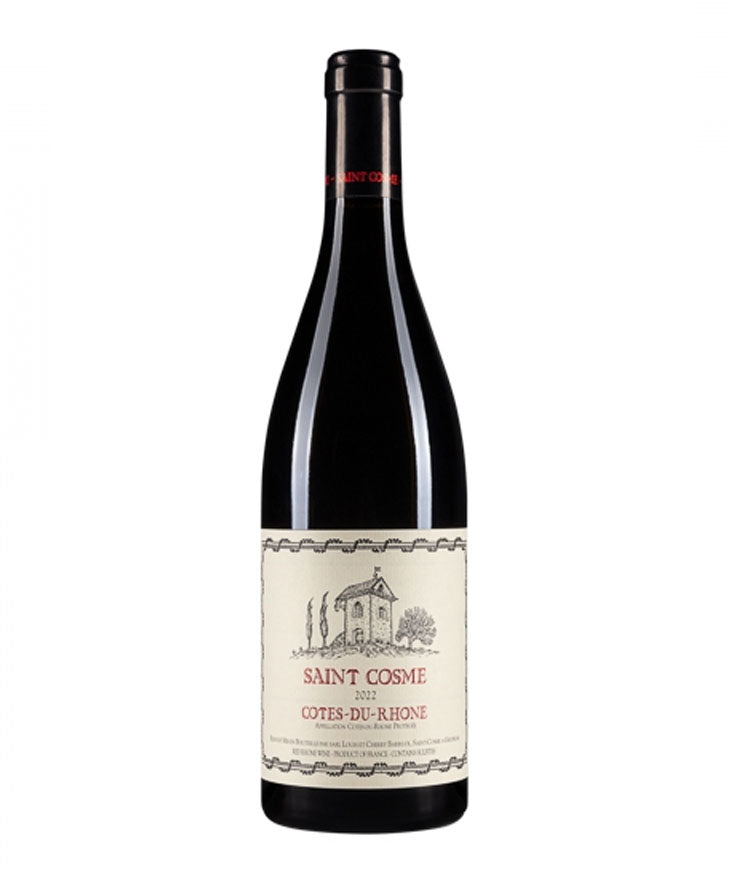 Bottle of Saint Cosme Côtes-du-Rhône 2023 red wine from southern Rhône Valley, France