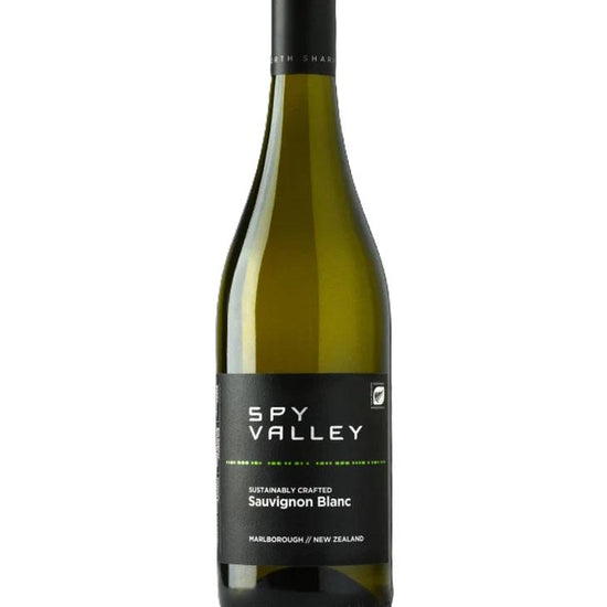 Spy Valley Sauvignon Blanc 2023 wine bottle – sustainably crafted Marlborough white wine with black label.