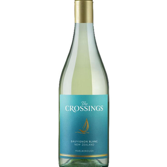 The Crossings Sauvignon Blanc 2023 wine bottle – refreshing Marlborough white wine with turquoise and gold label design.