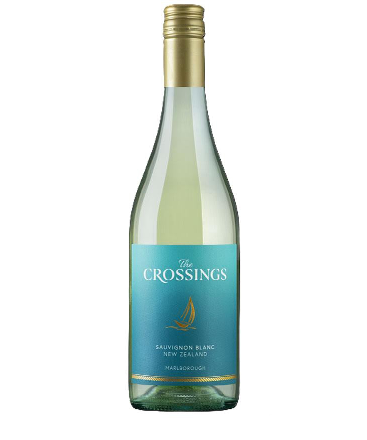 The Crossings Sauvignon Blanc 2023 wine bottle – refreshing Marlborough white wine with turquoise and gold label design.
