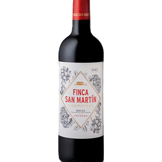 Bottle of Torre de Oña Finca San Martín Rioja Crianza 2021 red wine with floral label and red cap