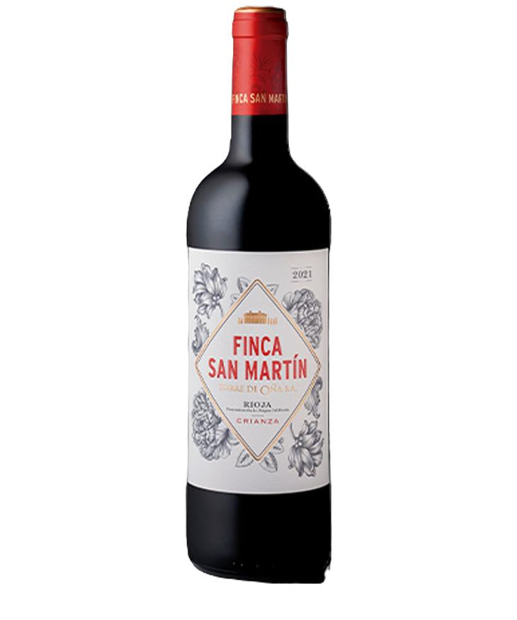 Bottle of Torre de Oña Finca San Martín Rioja Crianza 2021 red wine with floral label and red cap