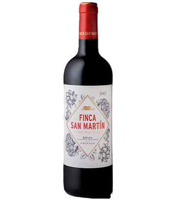 Bottle of Torre de Oña Finca San Martín Rioja Crianza 2021 red wine with floral label and red cap