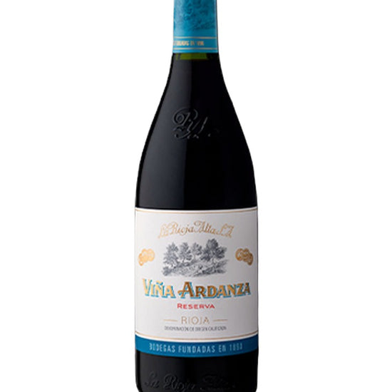 Bottle of Viña Ardanza Rioja Reserva 2017 red wine with blue cap and elegant white and blue label