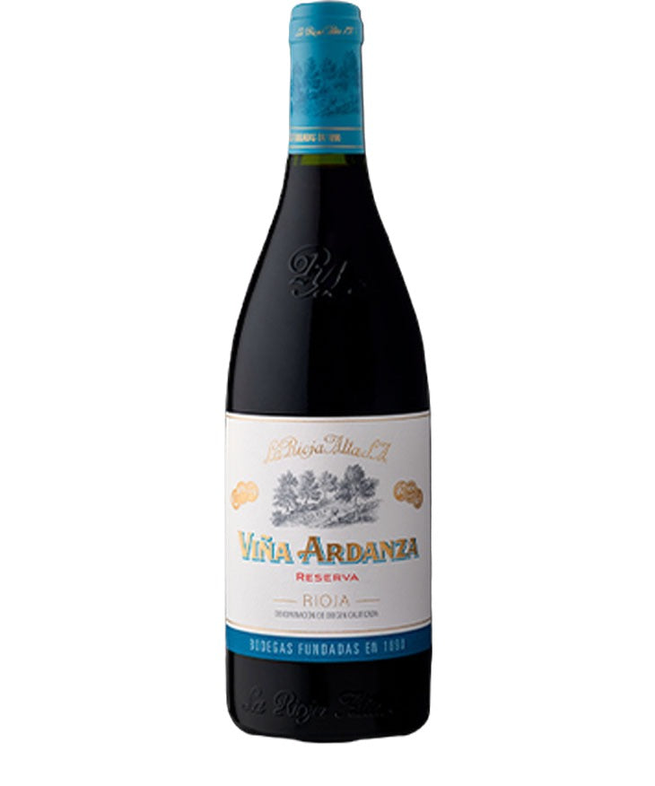 Bottle of Viña Ardanza Rioja Reserva 2017 red wine with blue cap and elegant white and blue label