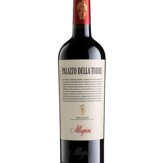 Bottle of Allegrini Palazzo della Torre Veronese IGT 2022 red wine with cream label and red foil cap on a white background