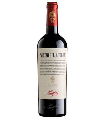 Bottle of Allegrini Palazzo della Torre Veronese IGT 2022 red wine with cream label and red foil cap on a white background