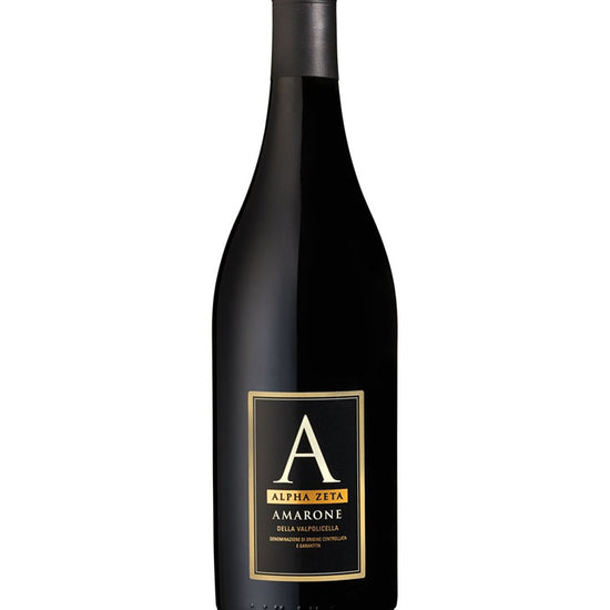Alpha Zeta A Amarone della Valpolicella red wine bottle – elegant dark glass with a black and gold label, showcasing premium Italian Amarone.