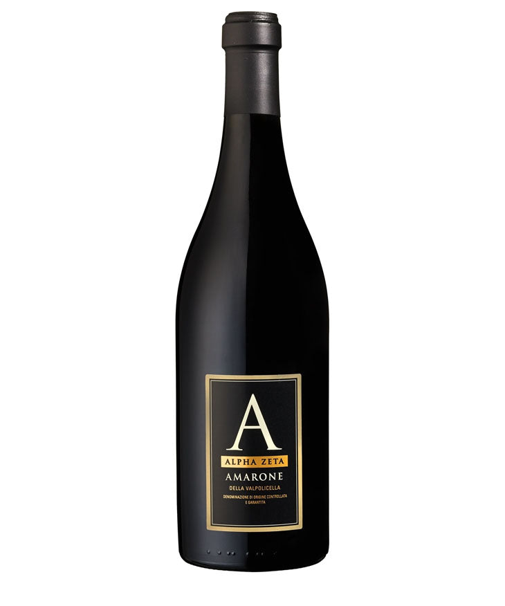 Alpha Zeta A Amarone della Valpolicella red wine bottle – elegant dark glass with a black and gold label, showcasing premium Italian Amarone.