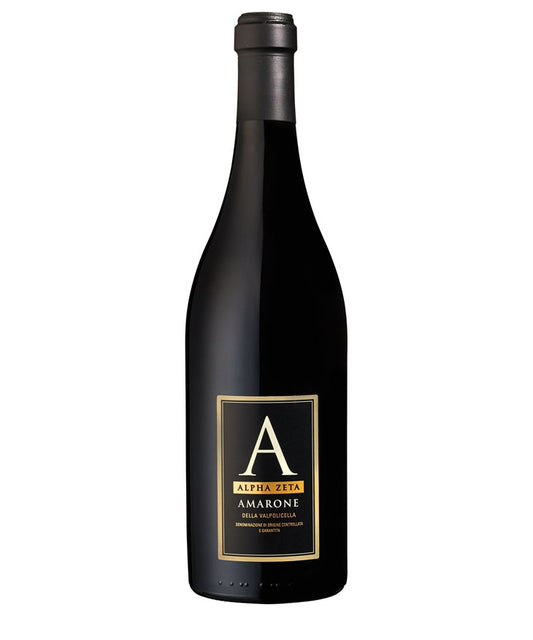 Alpha Zeta A Amarone della Valpolicella red wine bottle – elegant dark glass with a black and gold label, showcasing premium Italian Amarone.